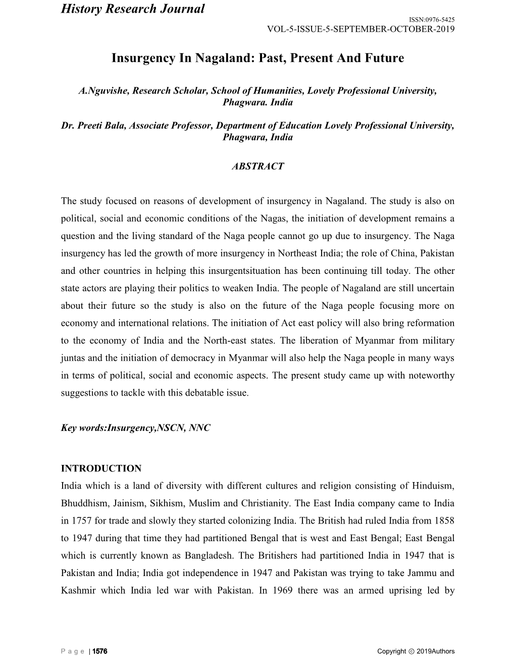 History Research Journal Insurgency in Nagaland: Past, Present And
