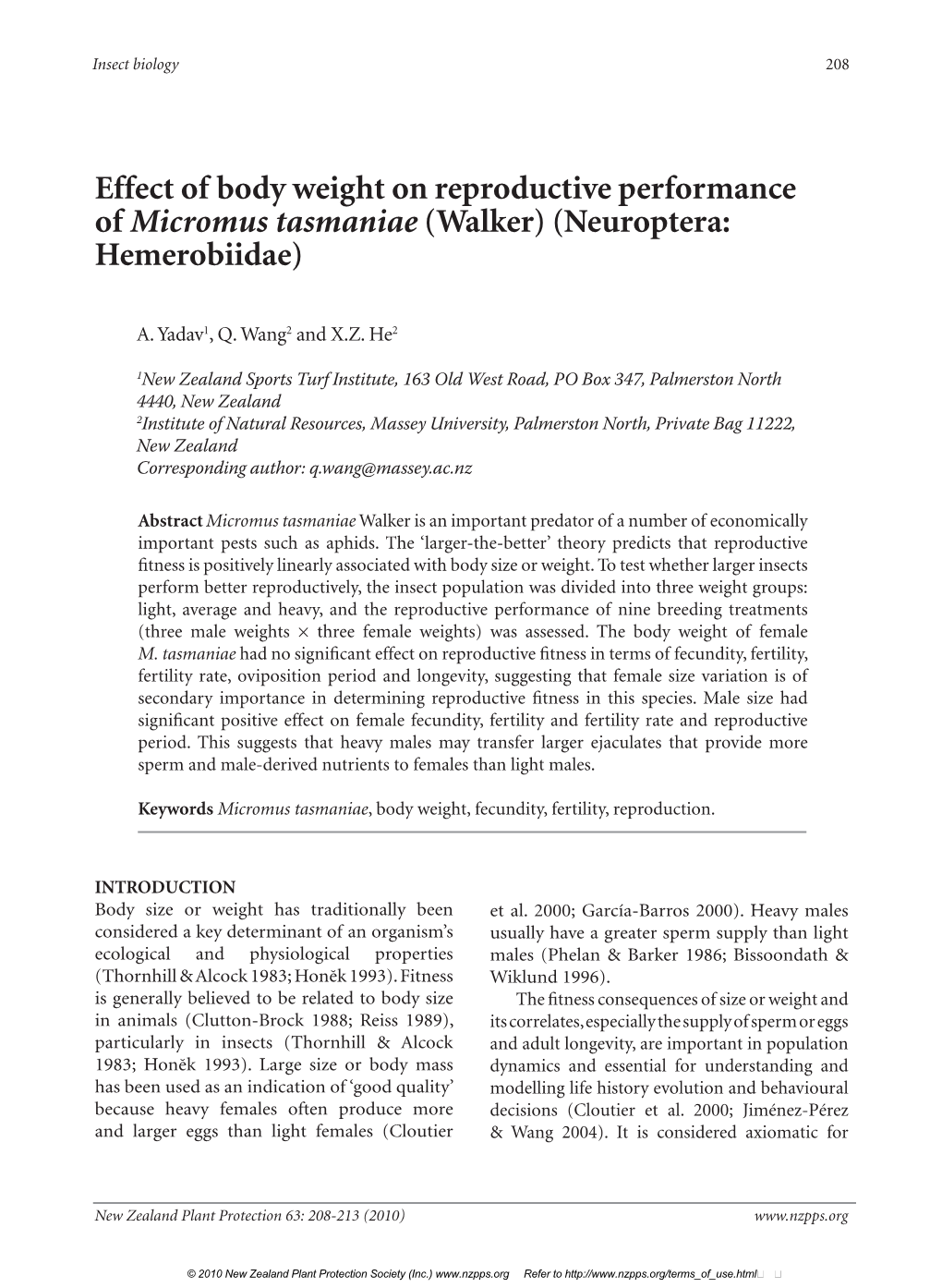 Effect of Body Weight on Reproductive Performance of Micromus Tasmaniae (Walker) (Neuroptera: Hemerobiidae)