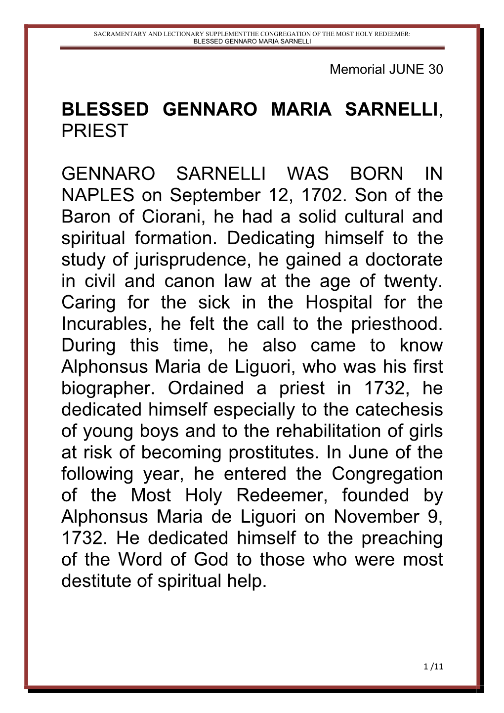 Sacramentary and Lectionary Supplementthe Congregation of the Most Holy Redeemer: Blessed Gennaro Maria Sarnelli