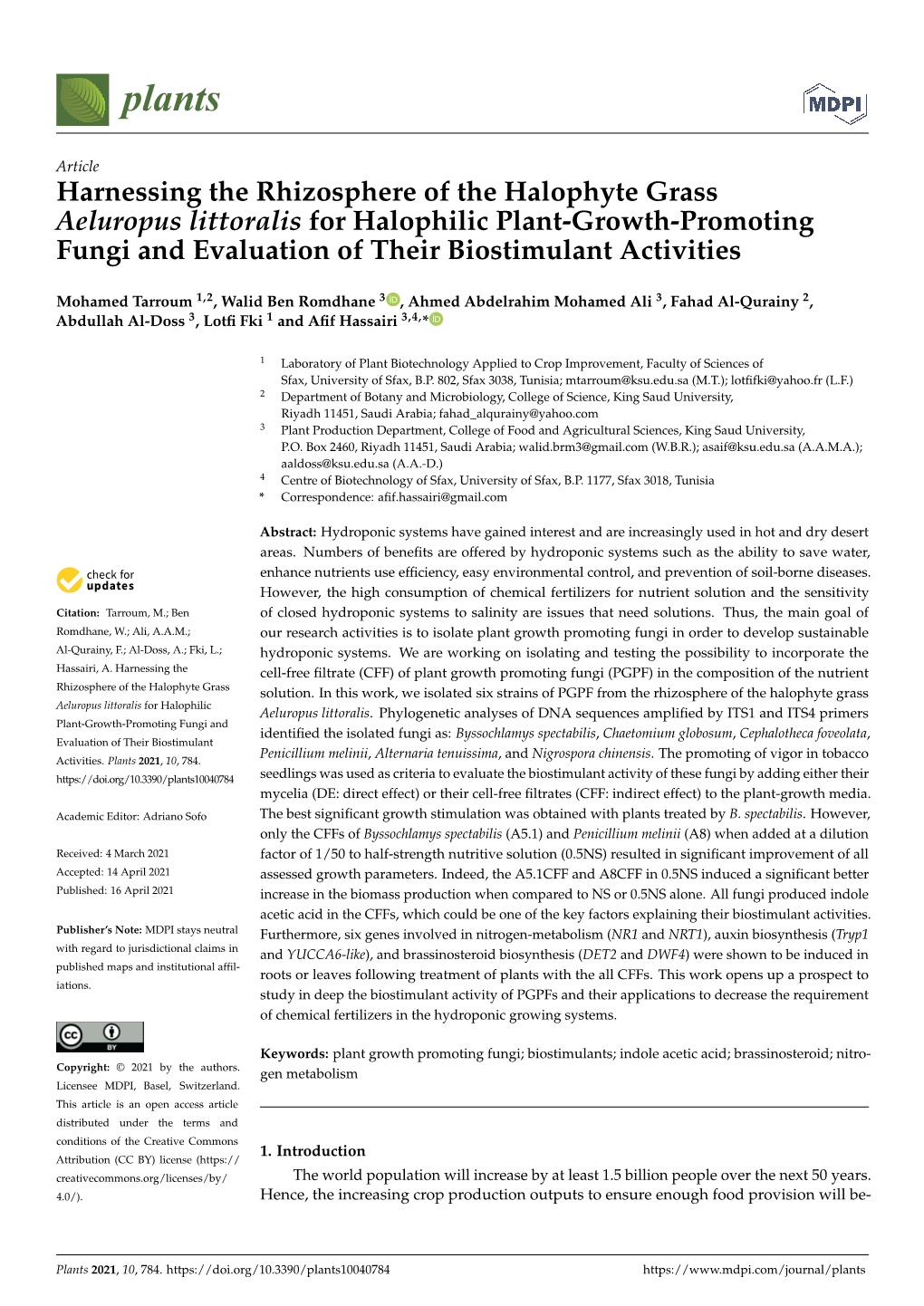 Harnessing the Rhizosphere of the Halophyte Grass Aeluropus Littoralis for Halophilic Plant-Growth-Promoting Fungi and Evaluation of Their Biostimulant Activities