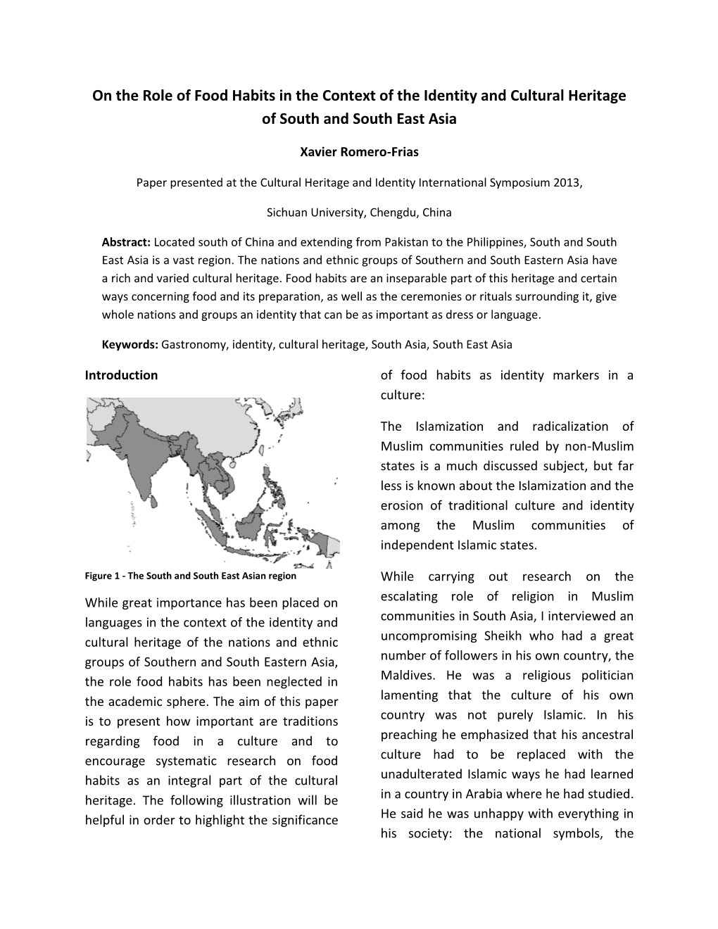 On the Role of Food Habits in the Context of the Identity and Cultural Heritage of South and South East Asia