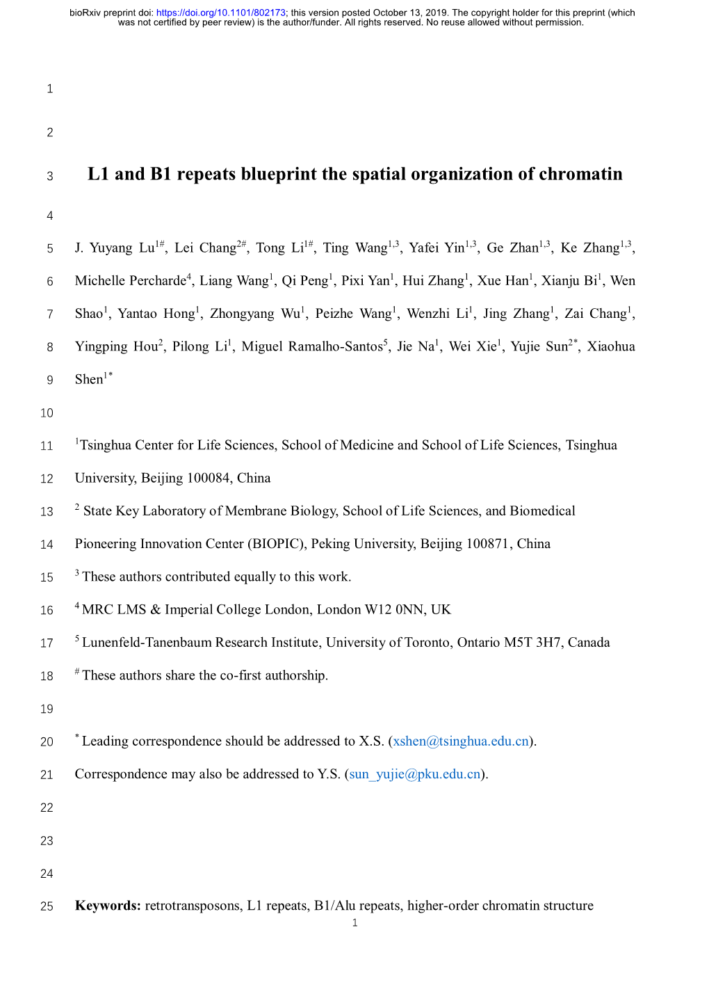 L1 and B1 Repeats Blueprint the Spatial Organization of Chromatin