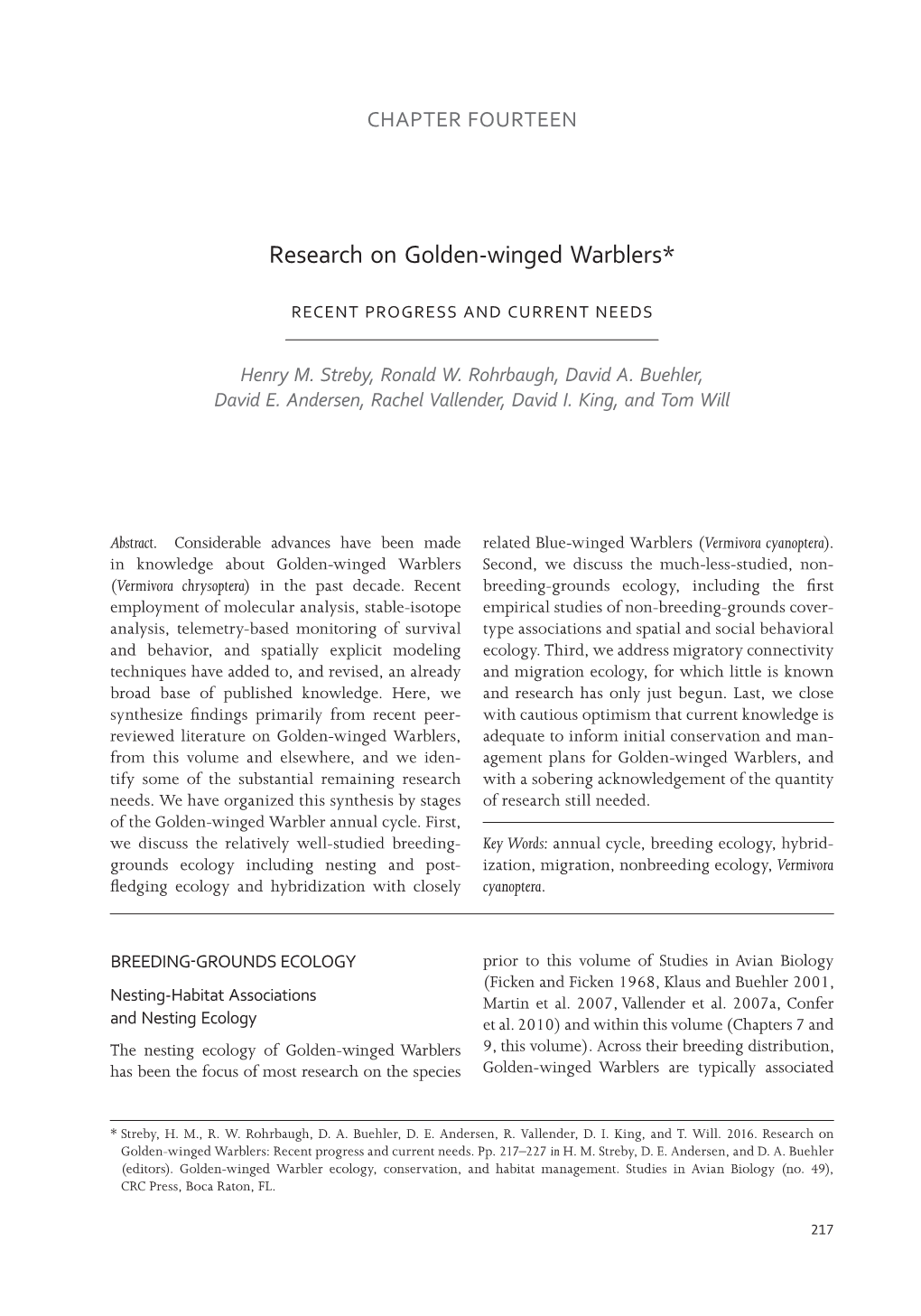 Research on Golden-Winged Warblers: Recent Progress and Current Needs