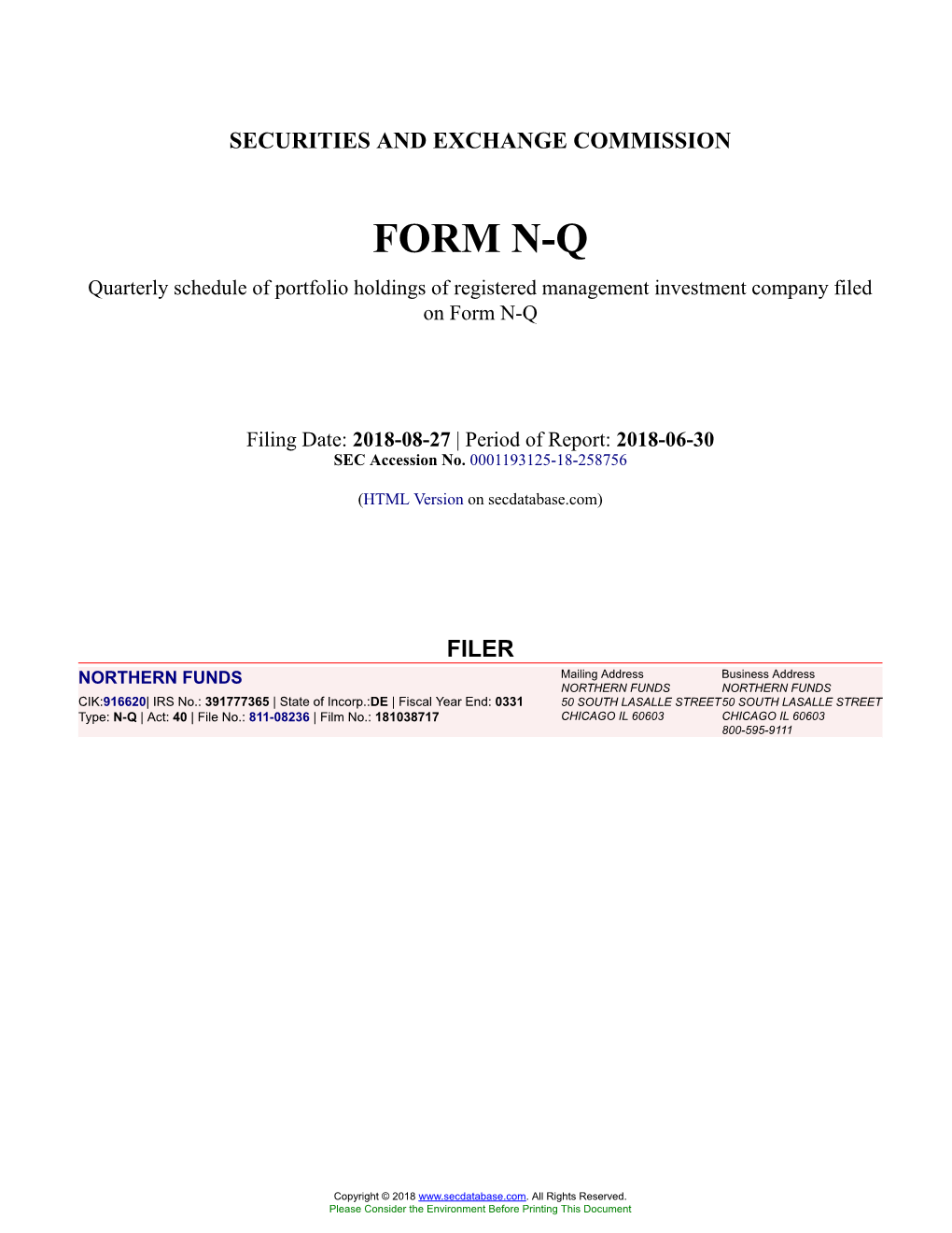 NORTHERN FUNDS Form N-Q Filed 2018-08-27