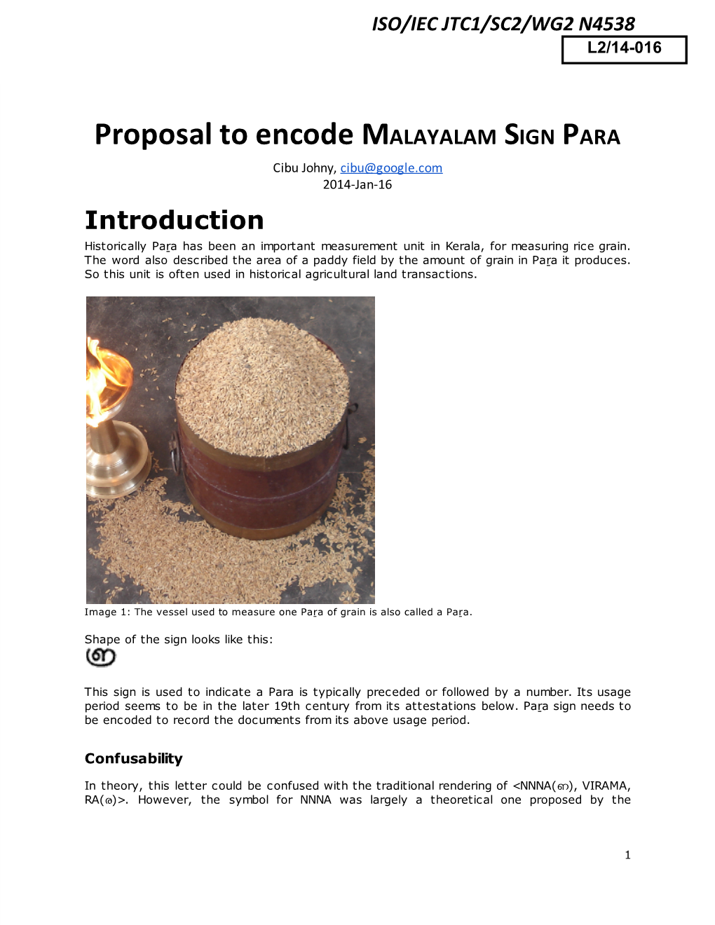 Proposal to Encode MALAYALAM SIGN PARA