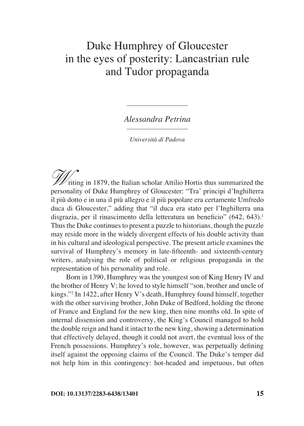 Duke Humphrey of Gloucester in the Eyes of Posterity: Lancastrian Rule and Tudor Propaganda