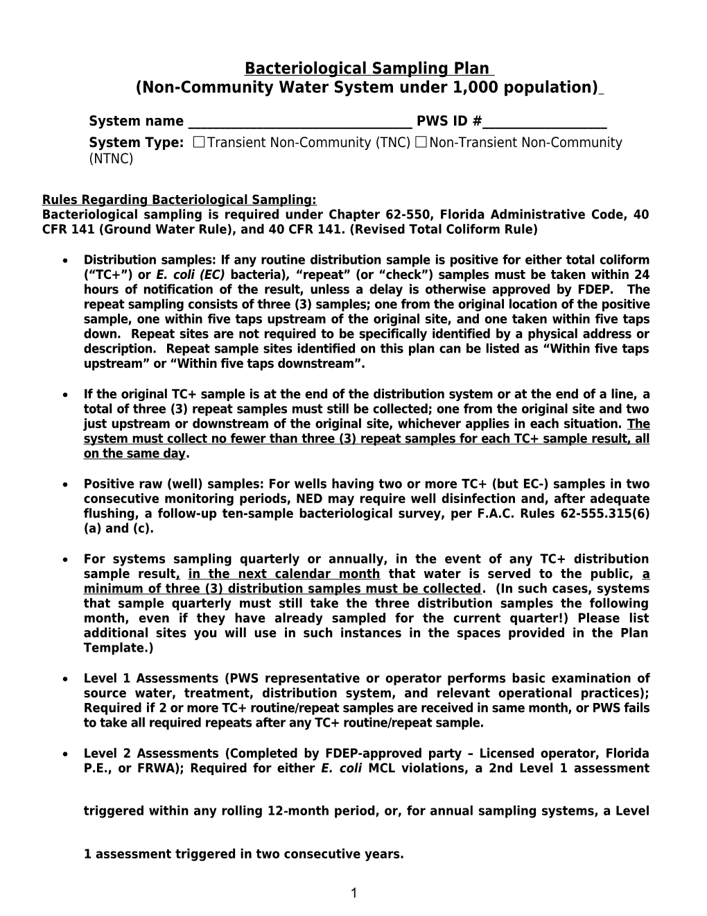 Bacteriological Sampling Plan