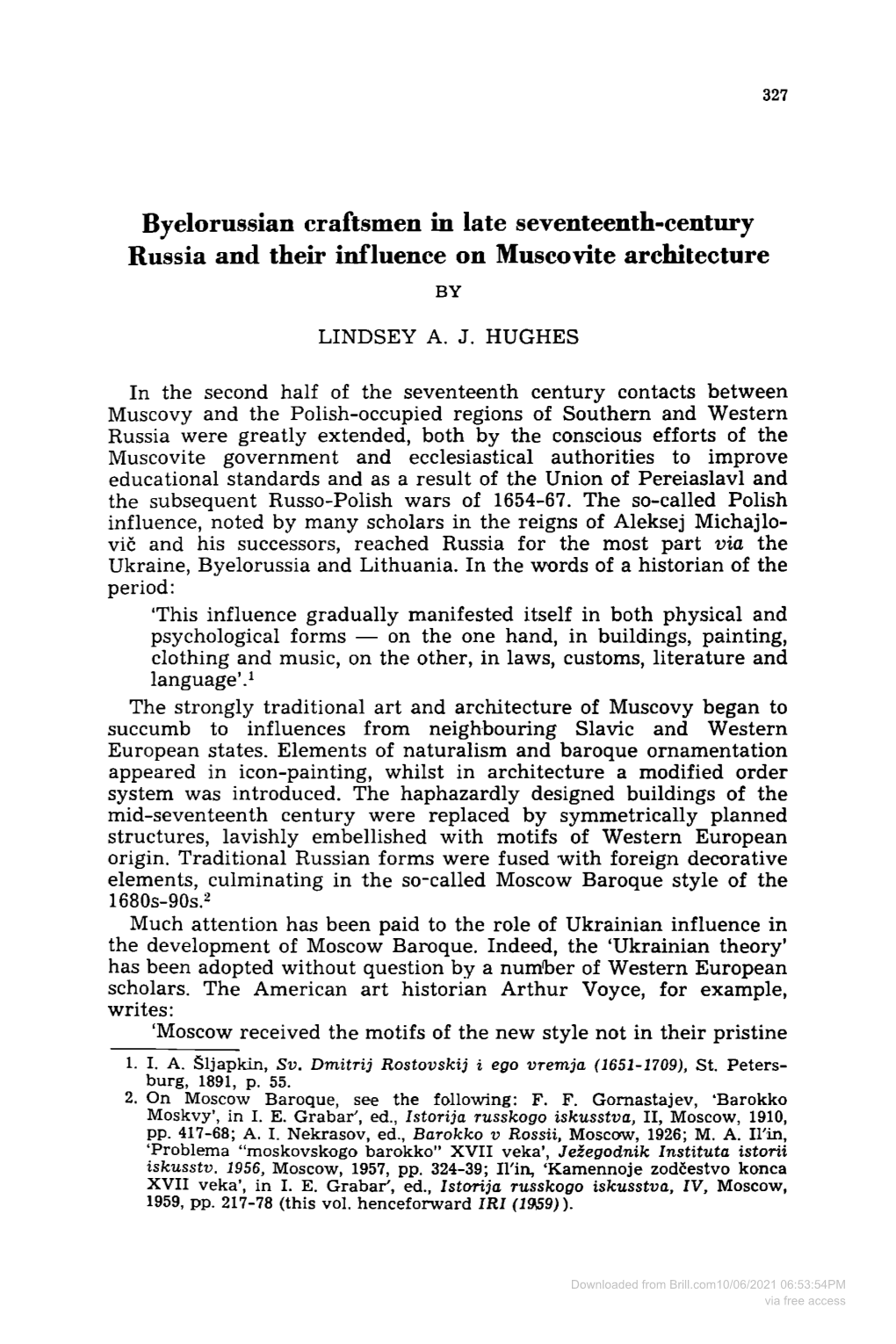 Byelorussian Craftsmen in Late Seventeenth-Century Russia and Their Influence on Muscovite Architecture