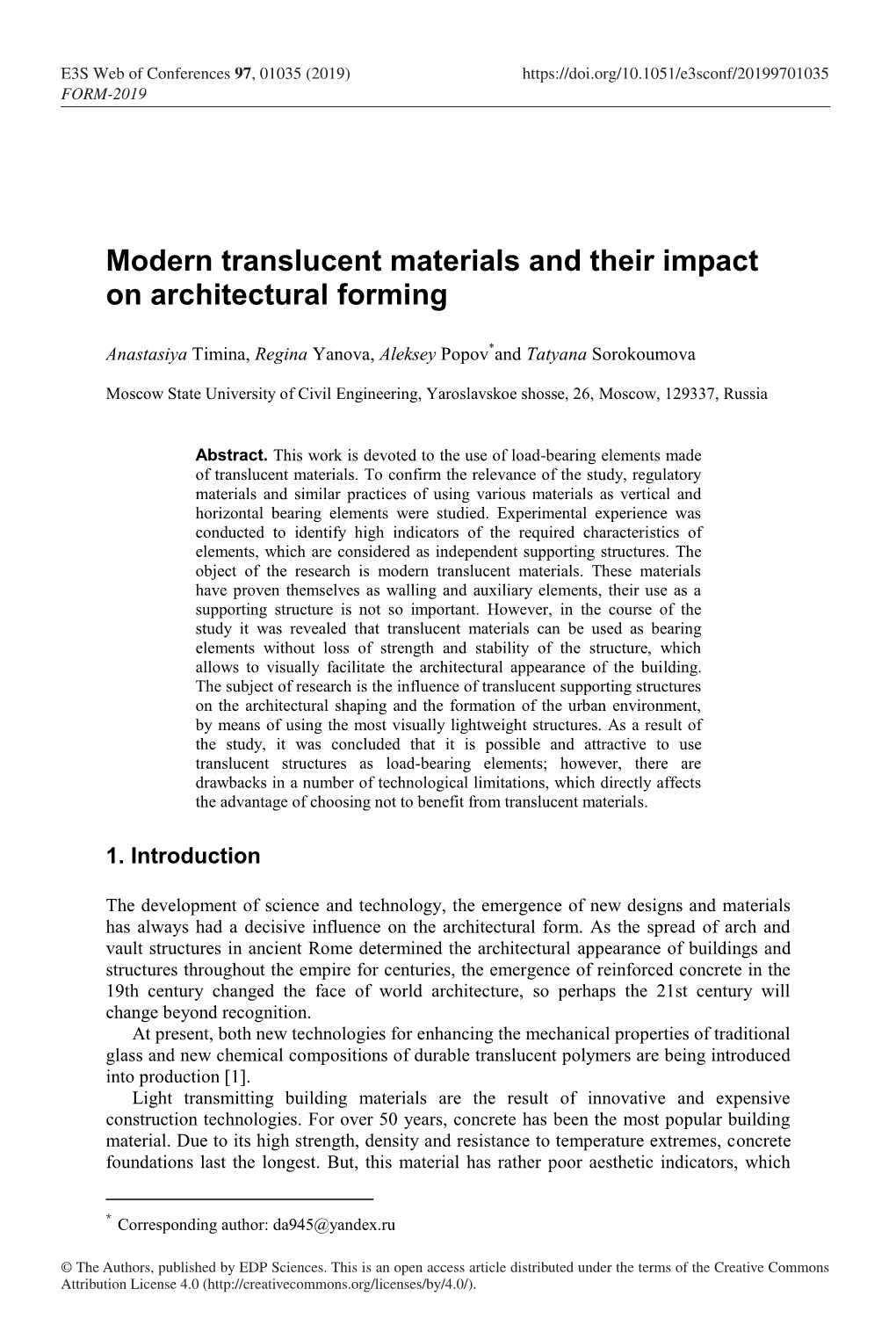 Modern Translucent Materials and Their Impact on Architectural Forming