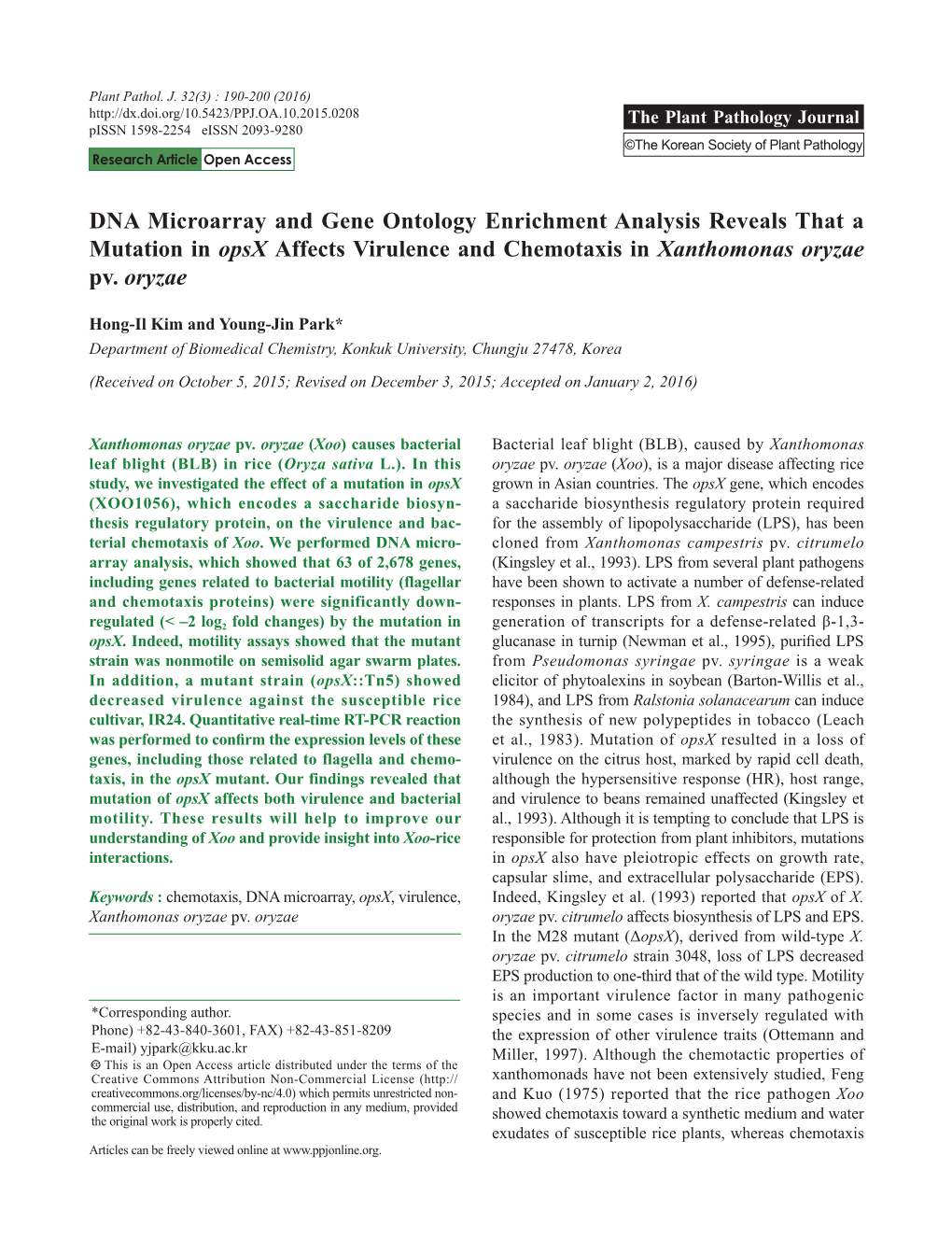 DNA Microarray and Gene Ontology Enrichment Analysis Reveals That a Mutation in Opsx Affects Virulence and Chemotaxis in Xanthomonas Oryzae Pv