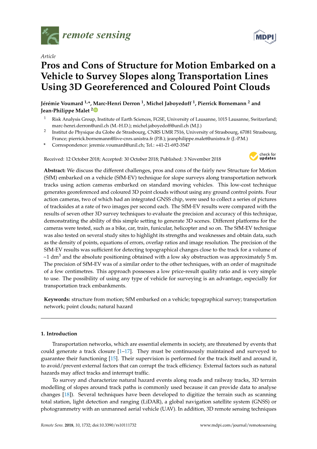 Pros and Cons of Structure for Motion Embarked on a Vehicle to Survey Slopes Along Transportation Lines Using 3D Georeferenced and Coloured Point Clouds