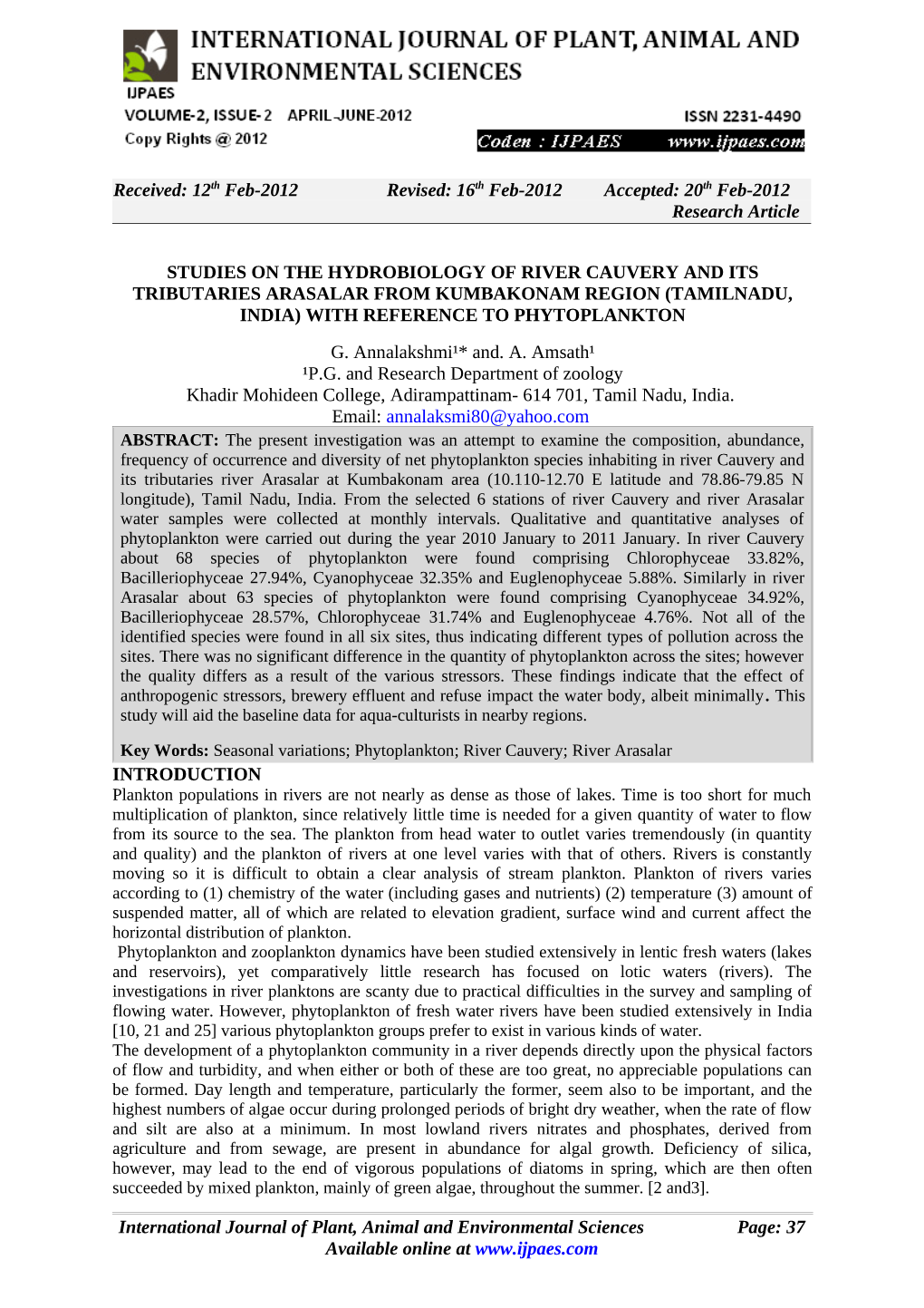 Studies on the Hydrobiology of River Cauvery and Its Tributaries Arasalar from Kumbakonam Region (Tamilnadu, India) with Reference to Phytoplankton G