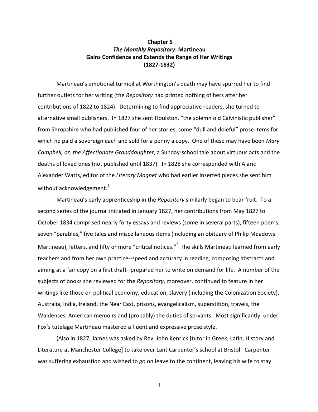 Chapter 5 the Monthly Repository: Martineau Gains Confidence and Extends the Range of Her Writings (1827-1832)