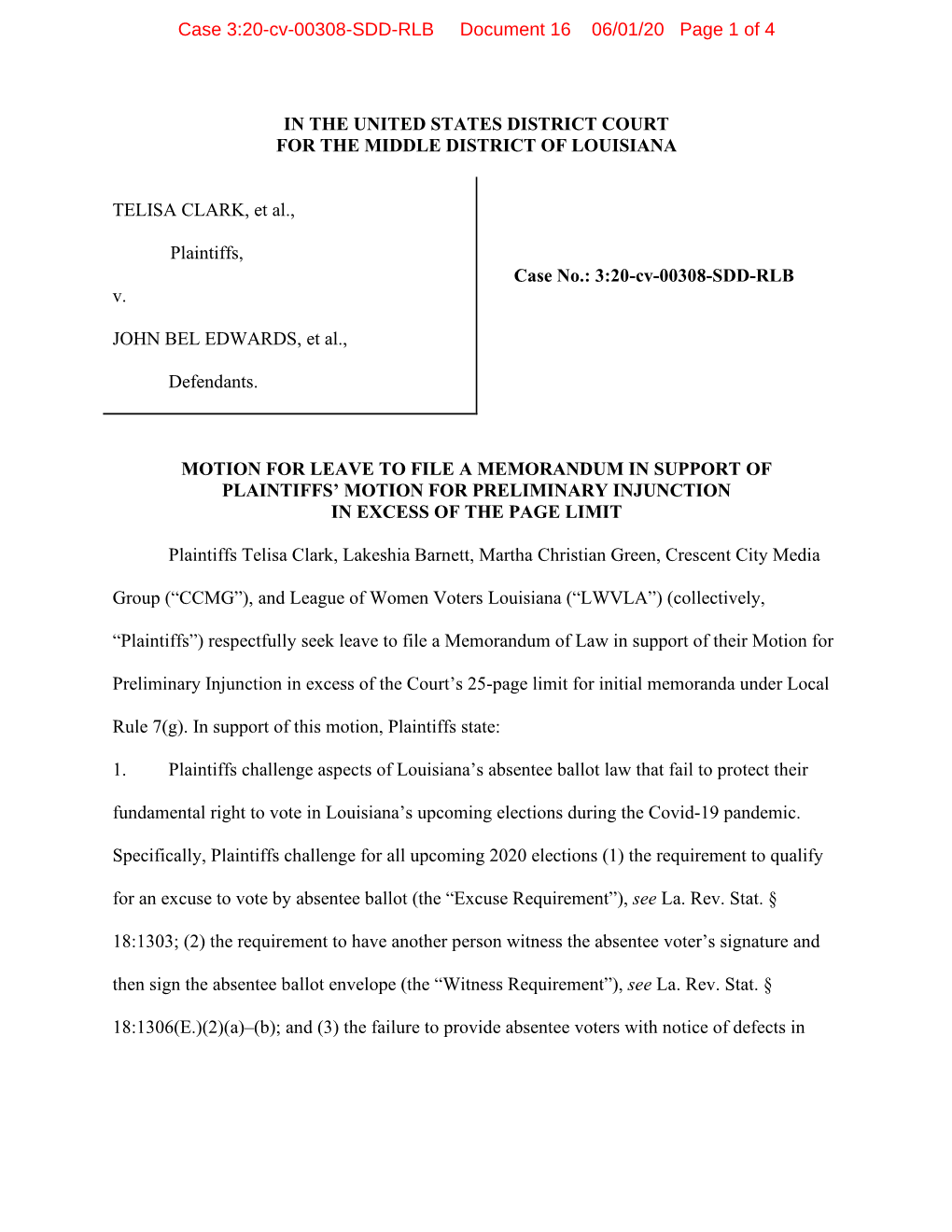 IN the UNITED STATES DISTRICT COURT for the MIDDLE DISTRICT of LOUISIANA TELISA CLARK, Et Al., Plaintiffs, V. JOHN BEL EDWARDS