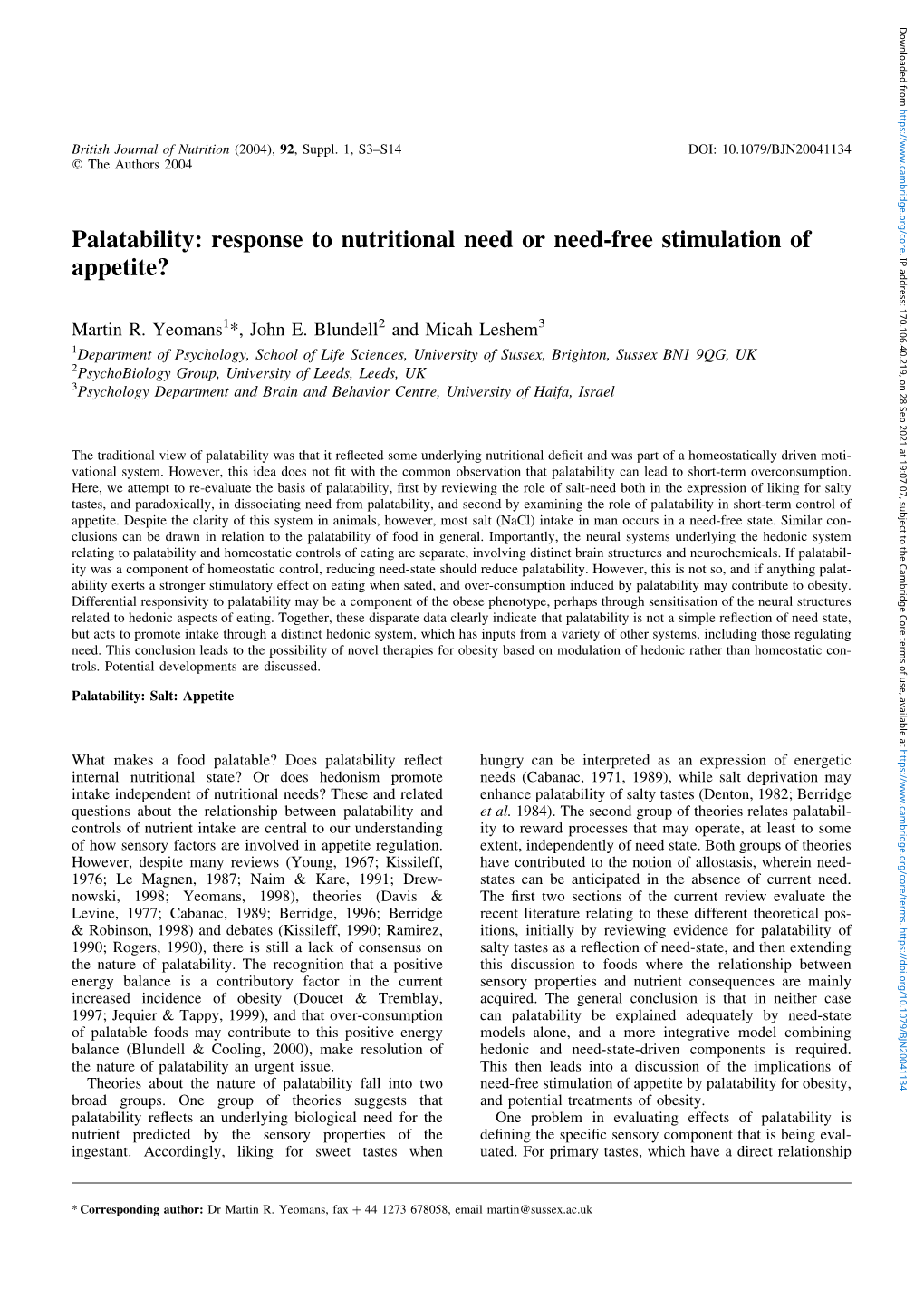 Palatability: Response to Nutritional Need Or Need-Free Stimulation Of