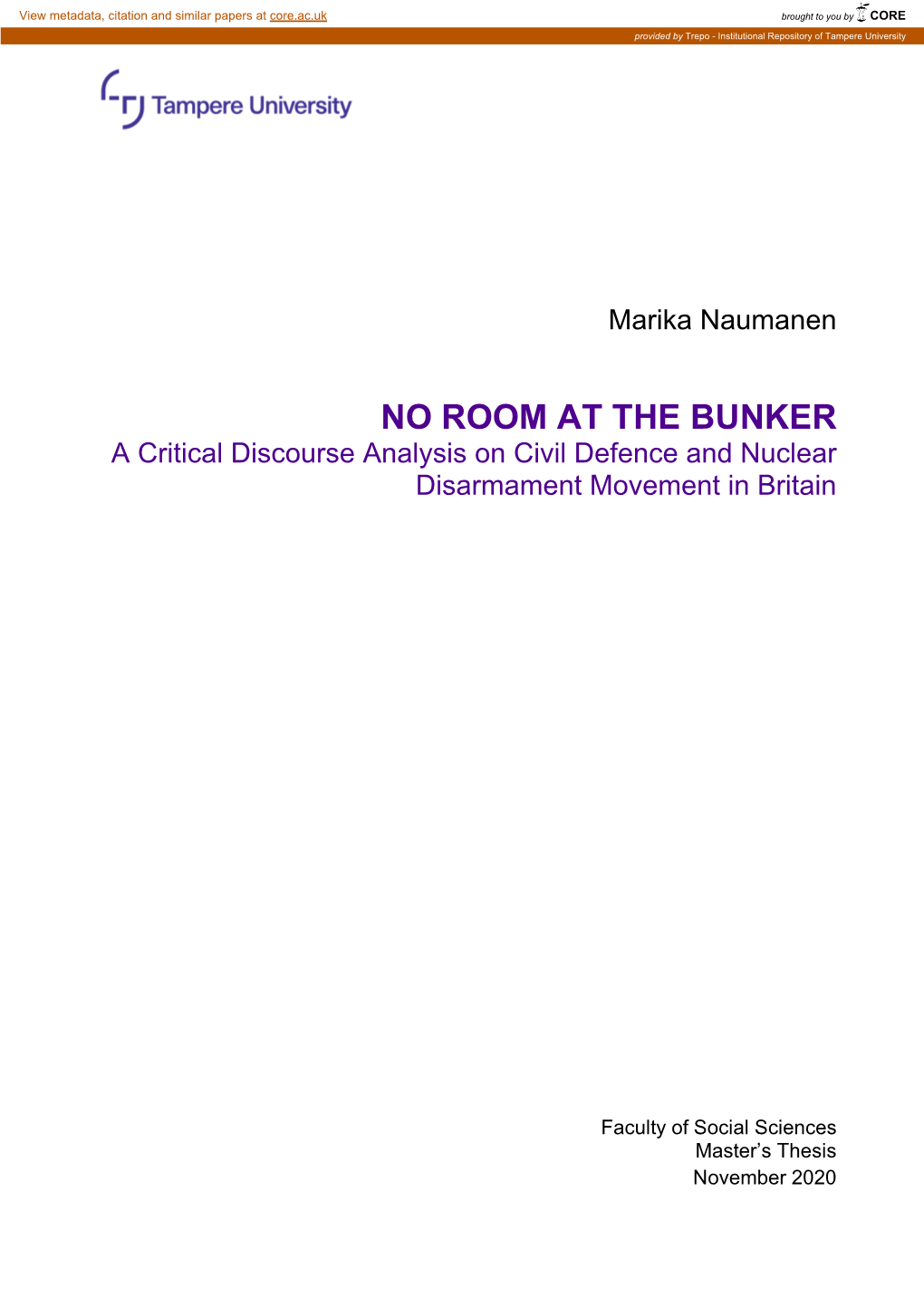 NO ROOM at the BUNKER a Critical Discourse Analysis on Civil Defence and Nuclear Disarmament Movement in Britain
