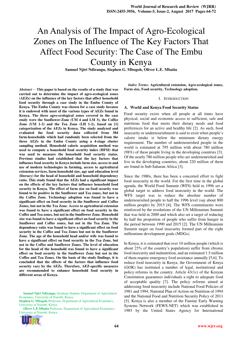 An Analysis of the Impact of Agro-Ecological Zones on the Influence of the Key Factors That Affect Food Security: the Case of the Embu