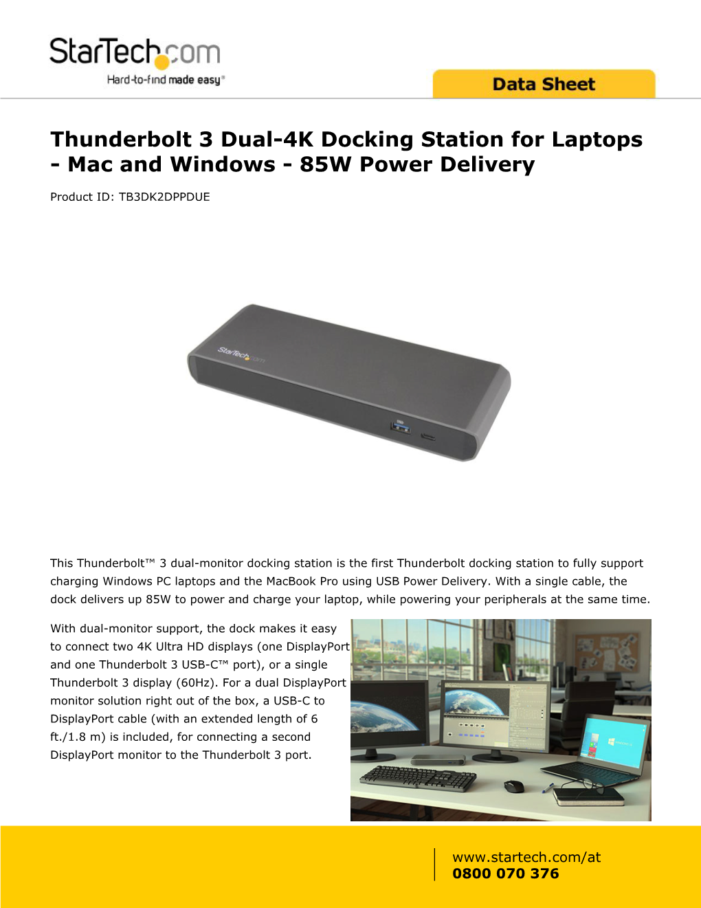 Thunderbolt 3 Dual-4K Docking Station for Laptops - Mac and Windows - 85W Power Delivery