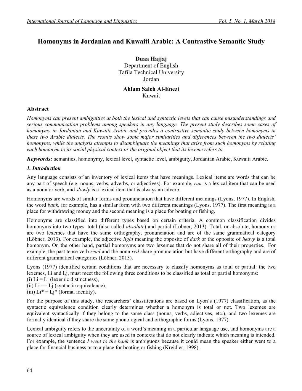 Homonyms in Jordanian and Kuwaiti Arabic: a Contrastive Semantic Study