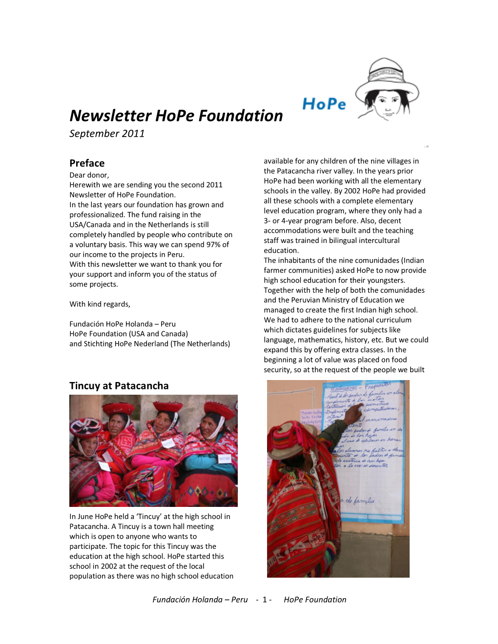 Newsletter Hope Foundation September 2011