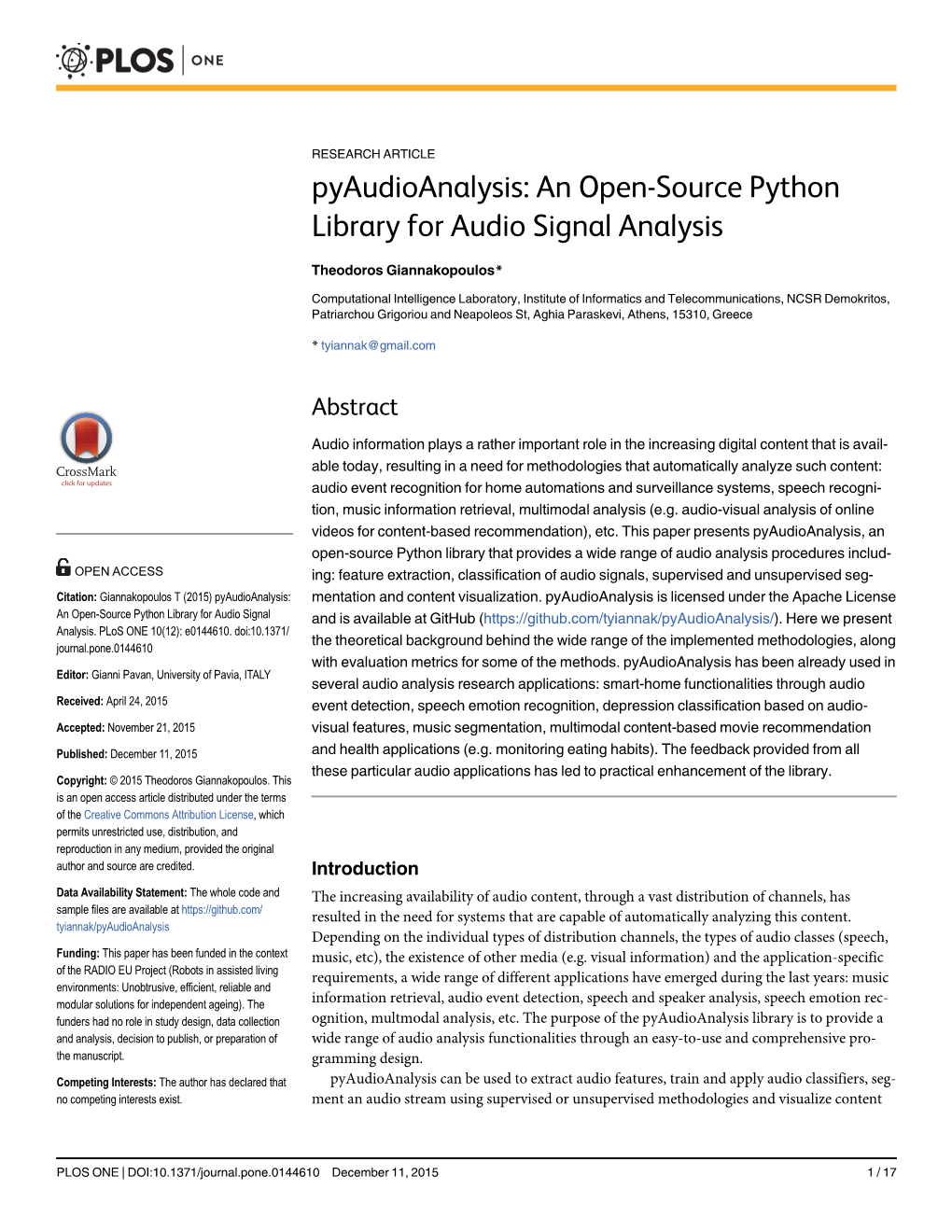 Pyaudioanalysis: an Open-Source Python Library for Audio Signal Analysis