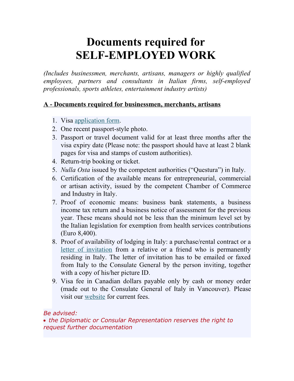 Documents Required for SUBORDINATE EMPLOYMENT