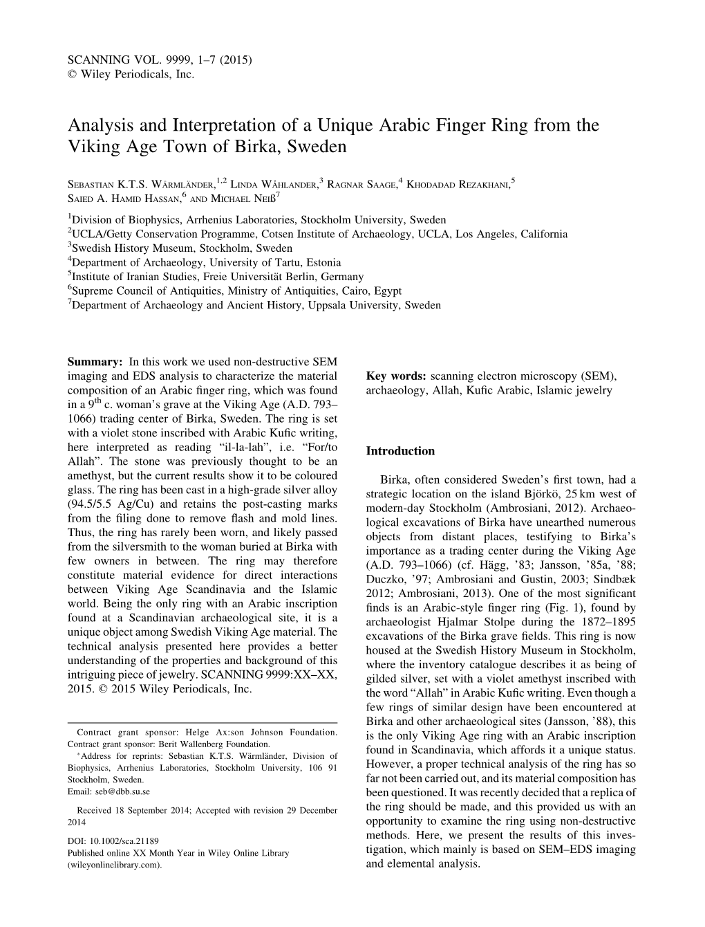 Analysis and Interpretation of a Unique Arabic Finger Ring from the Viking Age Town of Birka, Sweden