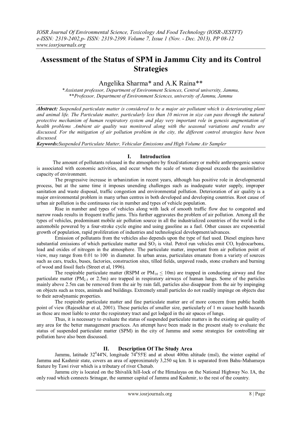 Assessment of the Status of SPM in Jammu City and Its Control Strategies