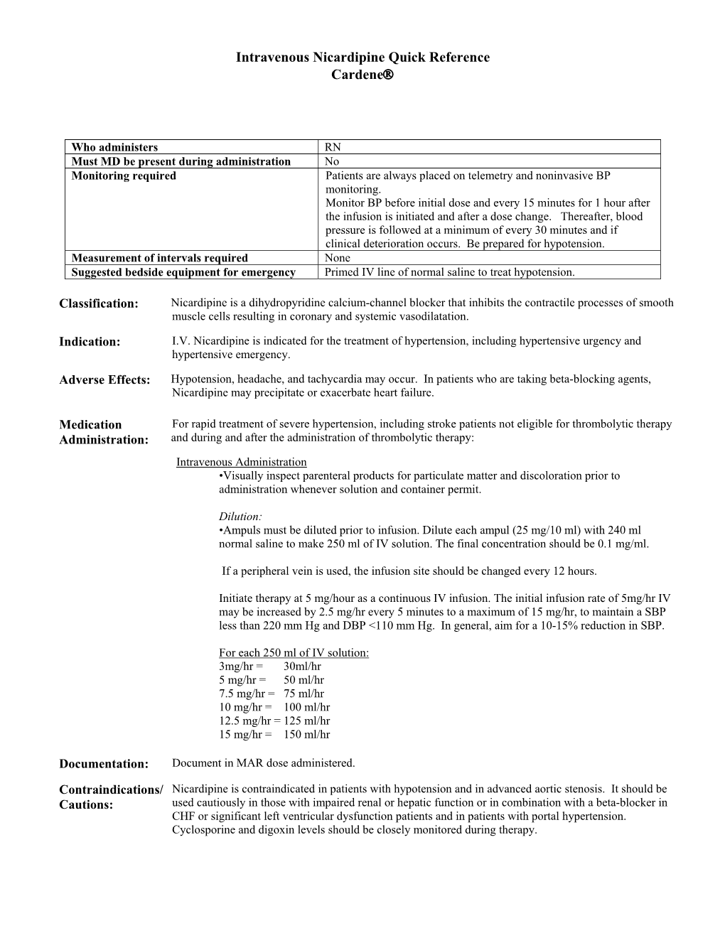 Intravenous Nicardipine Quick Reference Cardene® (PDF)
