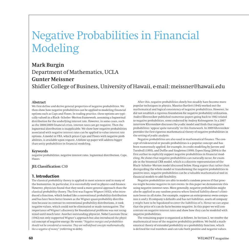 Negative Probabilities in Financial Modeling