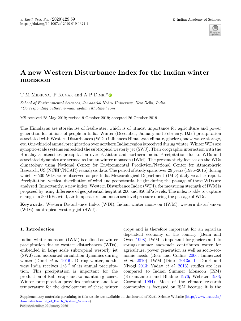 A New Western Disturbance Index for the Indian Winter Monsoon