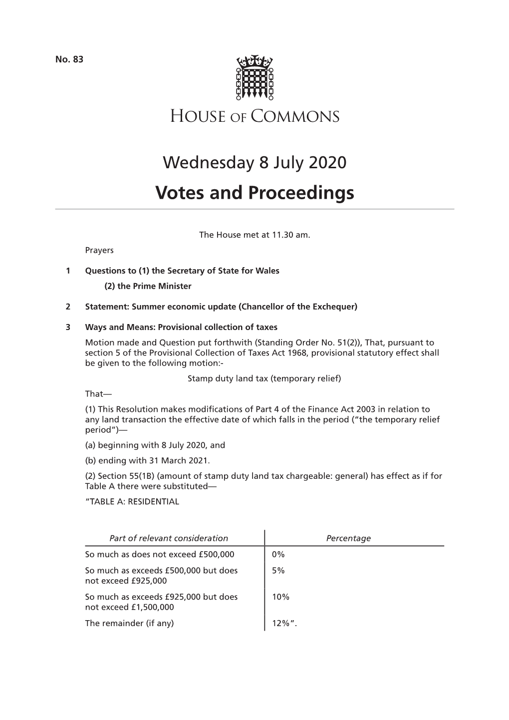 Votes and Proceedings for 8 Jul 2020