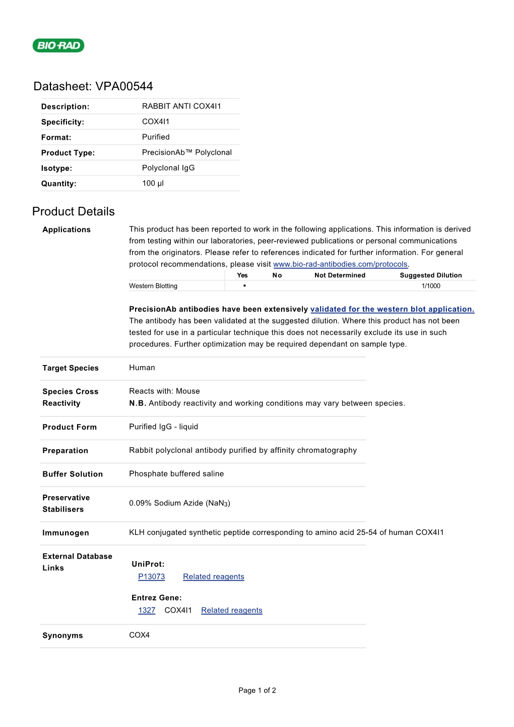 Datasheet: VPA00544 Product Details