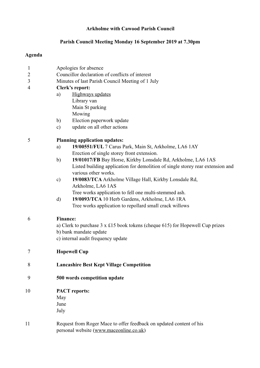 Arkholme with Cawood Parish Council Agenda
