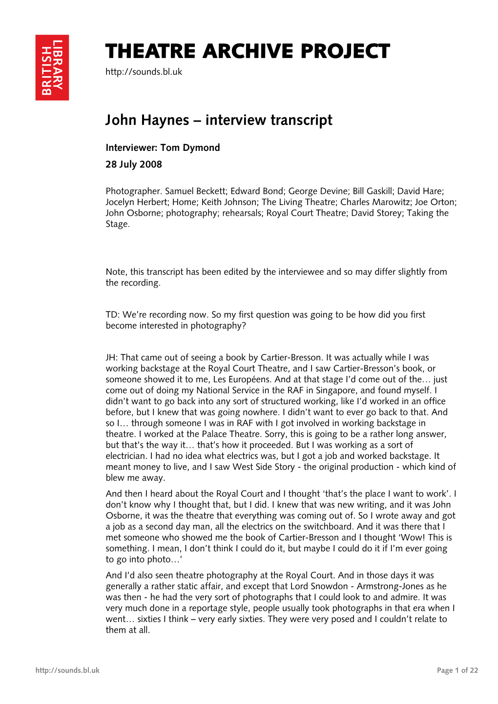 Theatre Archive Project: Interview with John Haynes