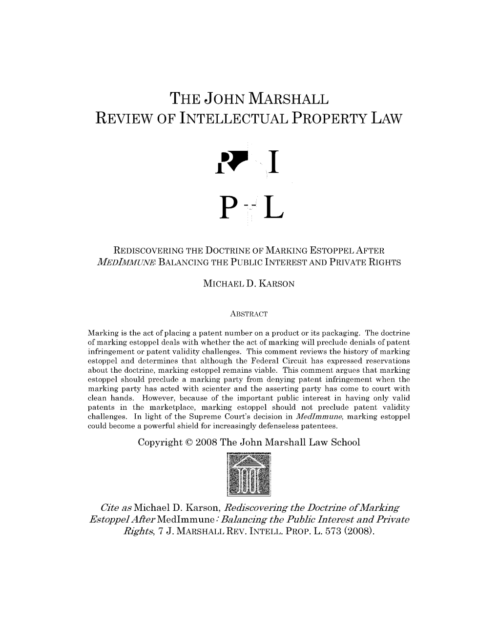 Rediscovering the Doctrine of Marking Estoppel After Medimmune Balancing the Public Interest and Private Rights