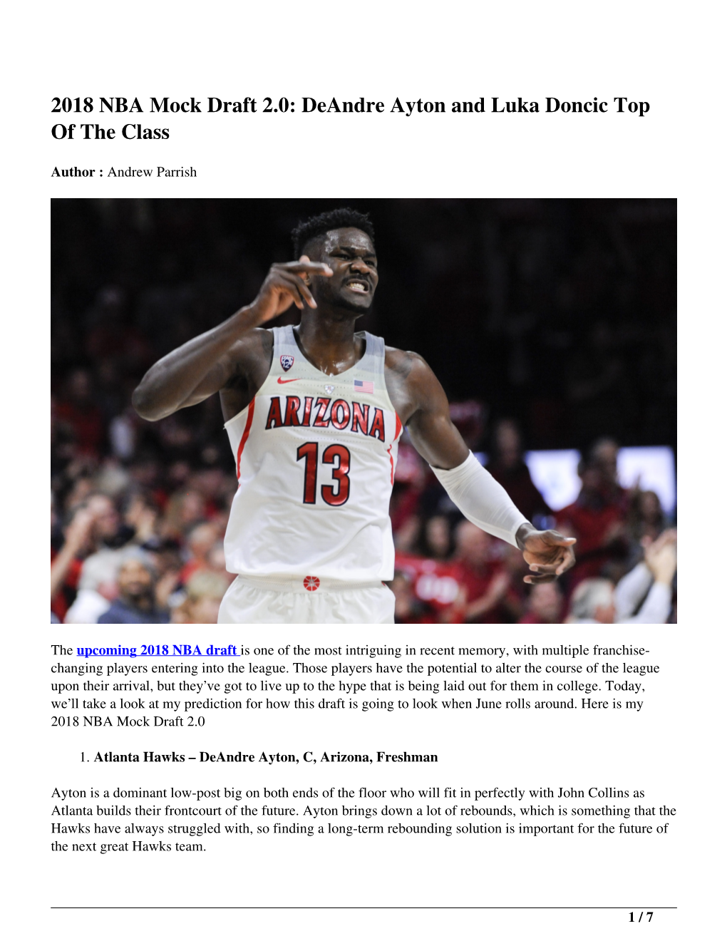 2018 NBA Mock Draft 2.0: Deandre Ayton and Luka Doncic Top of the Class