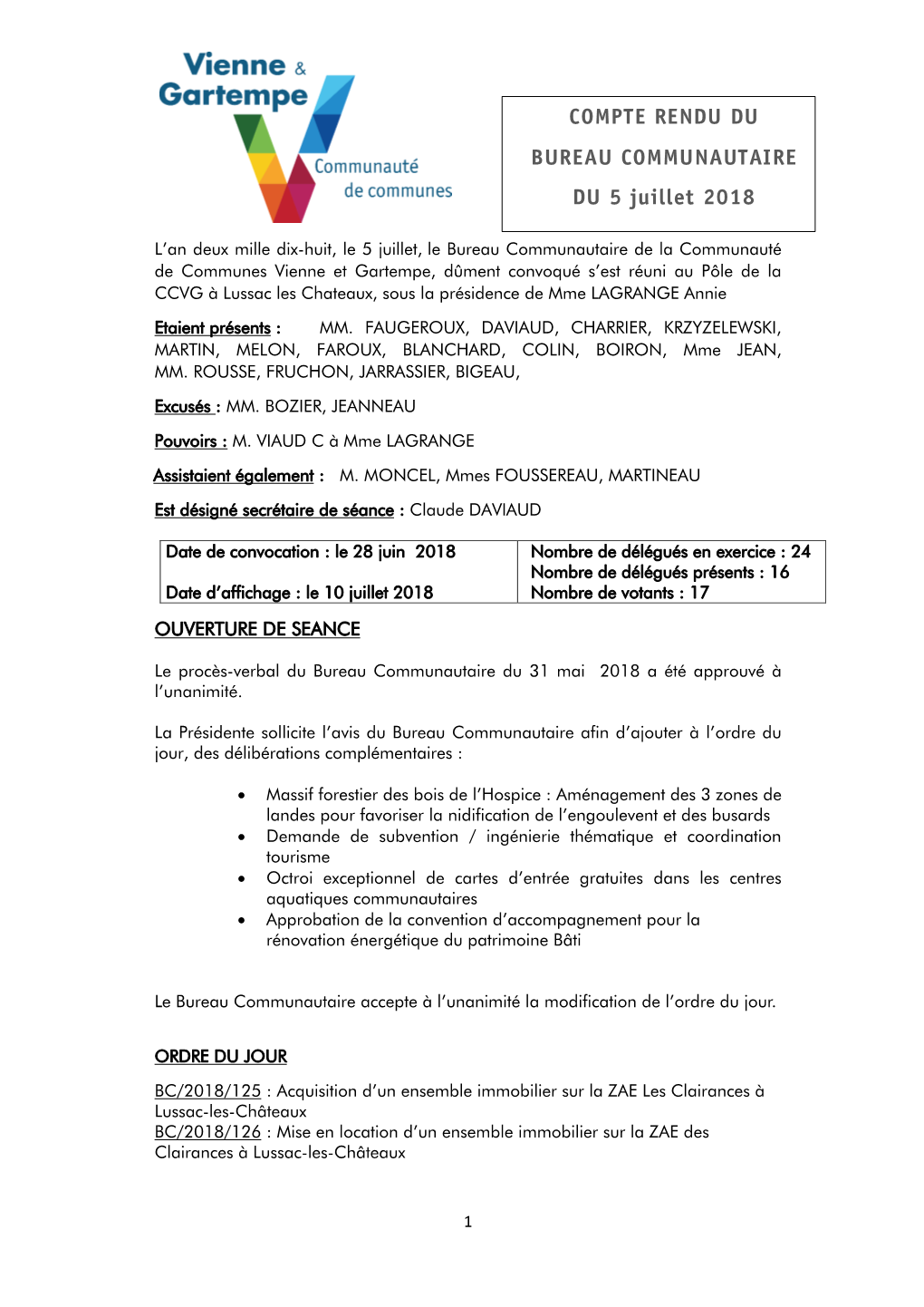 COMPTE RENDU DU BUREAU COMMUNAUTAIRE DU 5 Juillet 2018