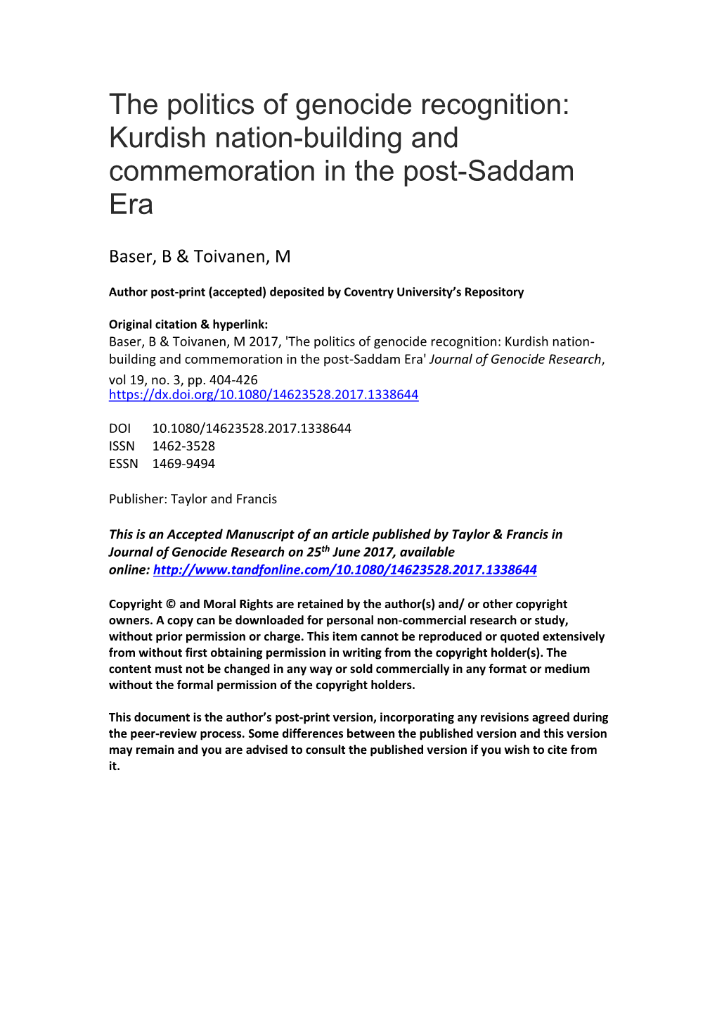 The Politics of Genocide Recognition: Kurdish Nation-Building and Commemoration in the Post-Saddam Era