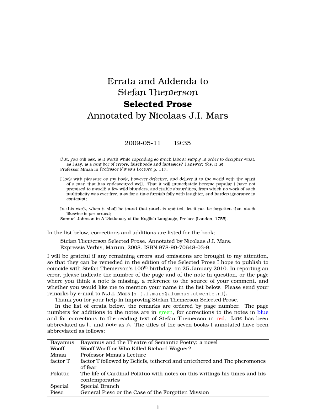 Errata and Addenda to Stefan Themerson Selected Prose Annotated by Nicolaas J.I