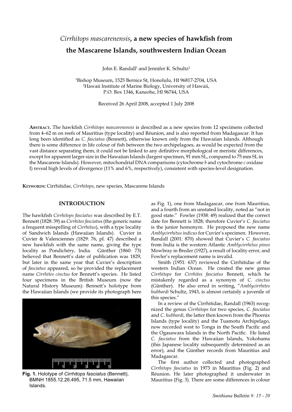Cirrhitops Mascarenensis, a New Species of Hawkfish from the Mascarene Islands, Southwestern Indian Ocean