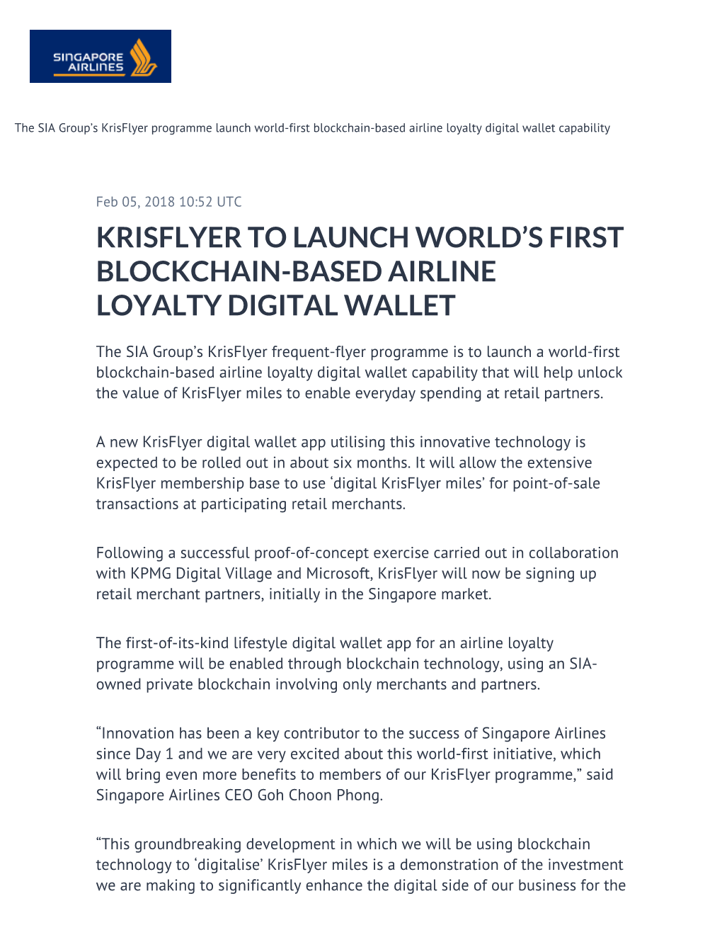 Krisflyer to Launch World's First Blockchain-Based Airline Loyalty