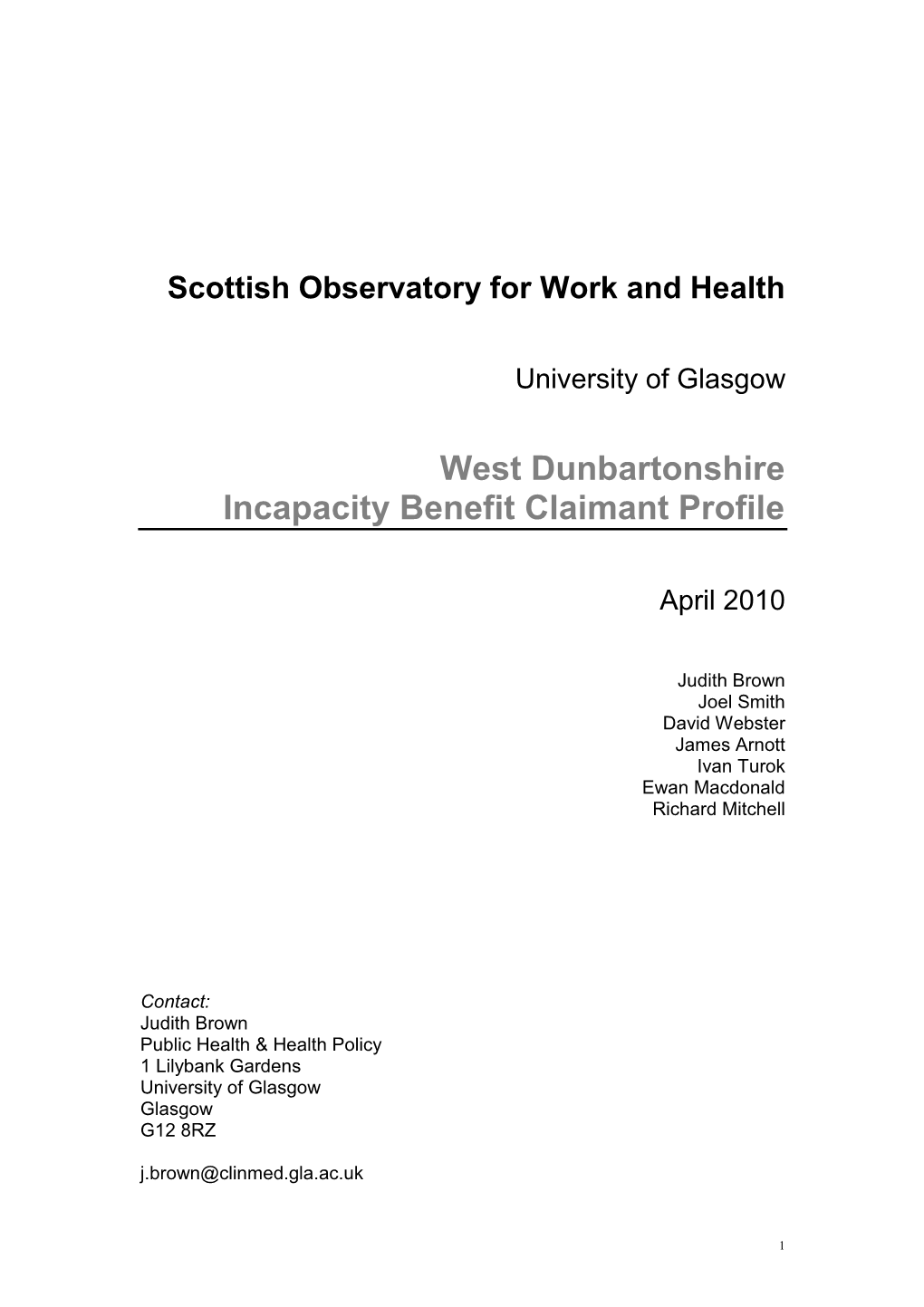 West Dunbartonshire Incapacity Benefit Claimant Profile