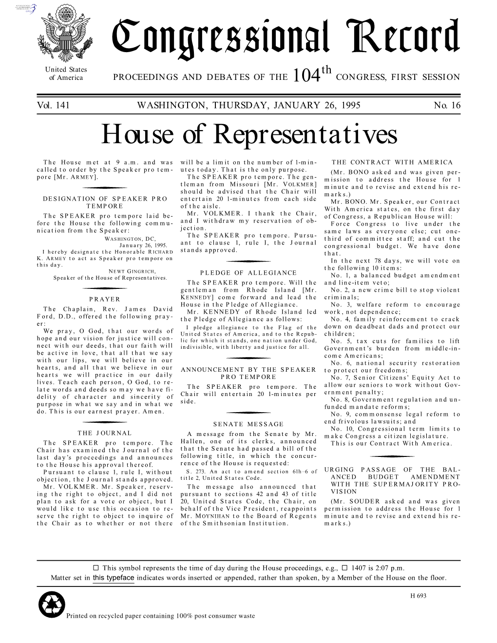 Congressional Record United States Th of America PROCEEDINGS and DEBATES of the 104 CONGRESS, FIRST SESSION