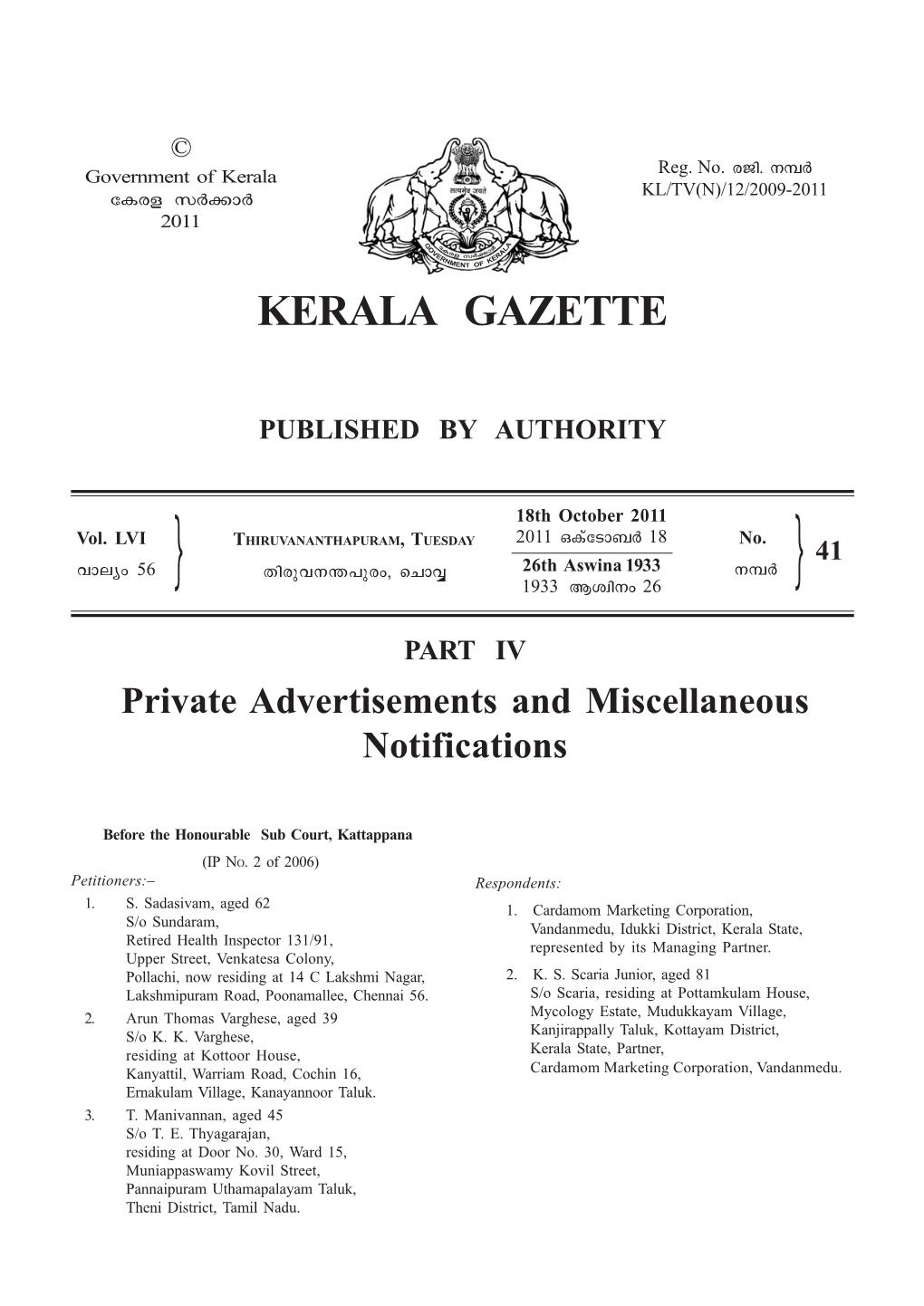 Kerala Gazette Published by Authority