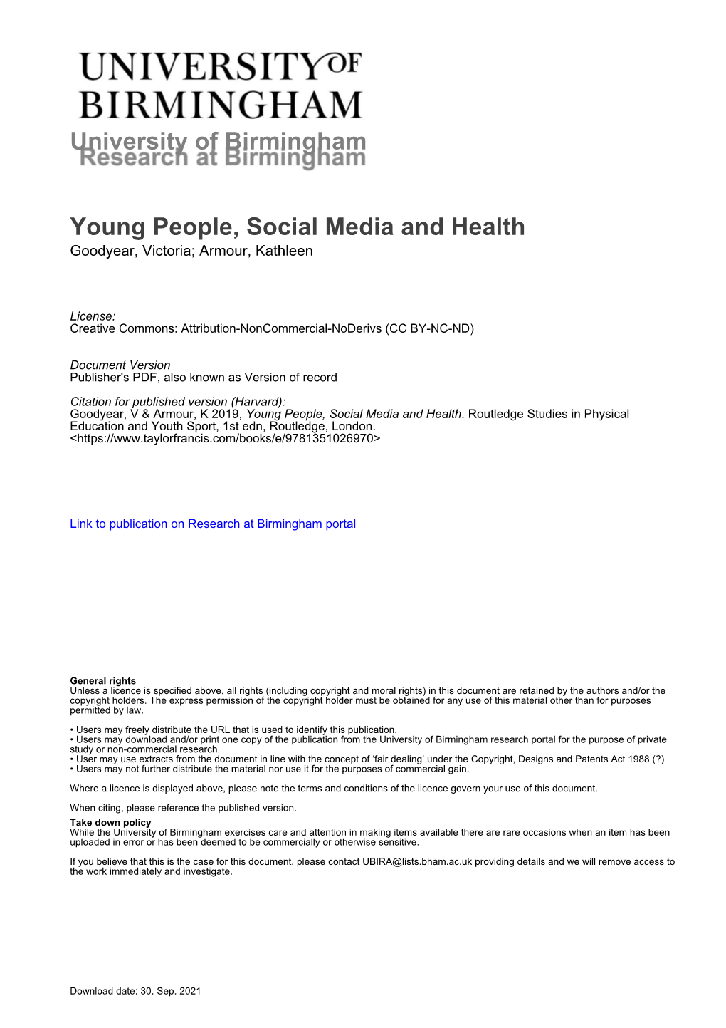 Young People, Social Media and Health Goodyear, Victoria; Armour, Kathleen