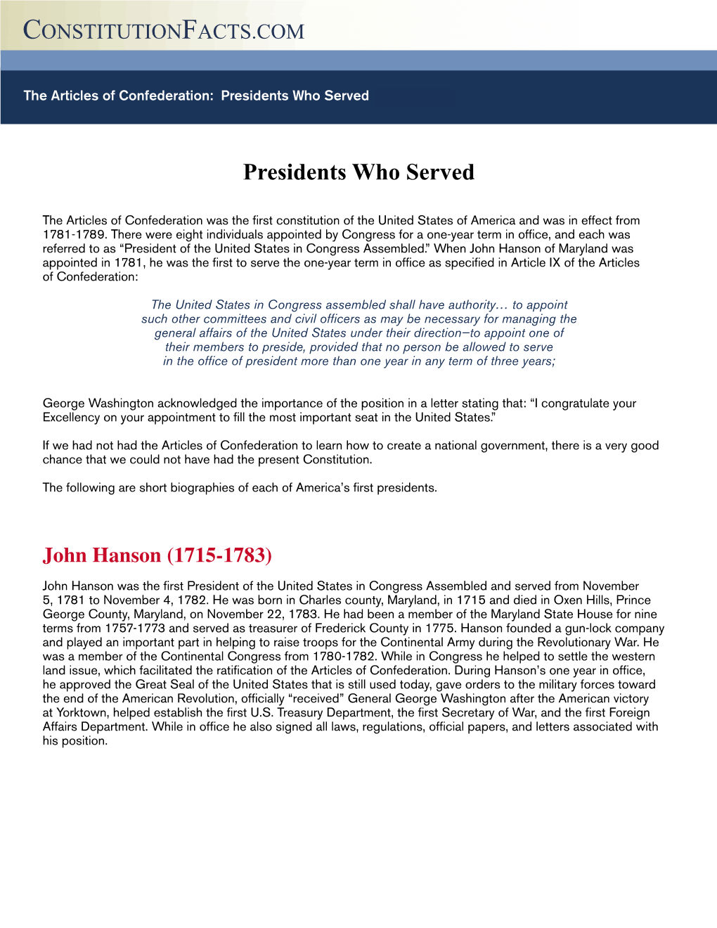 The Articles of Confederation: Presidents Who Served (Continued)