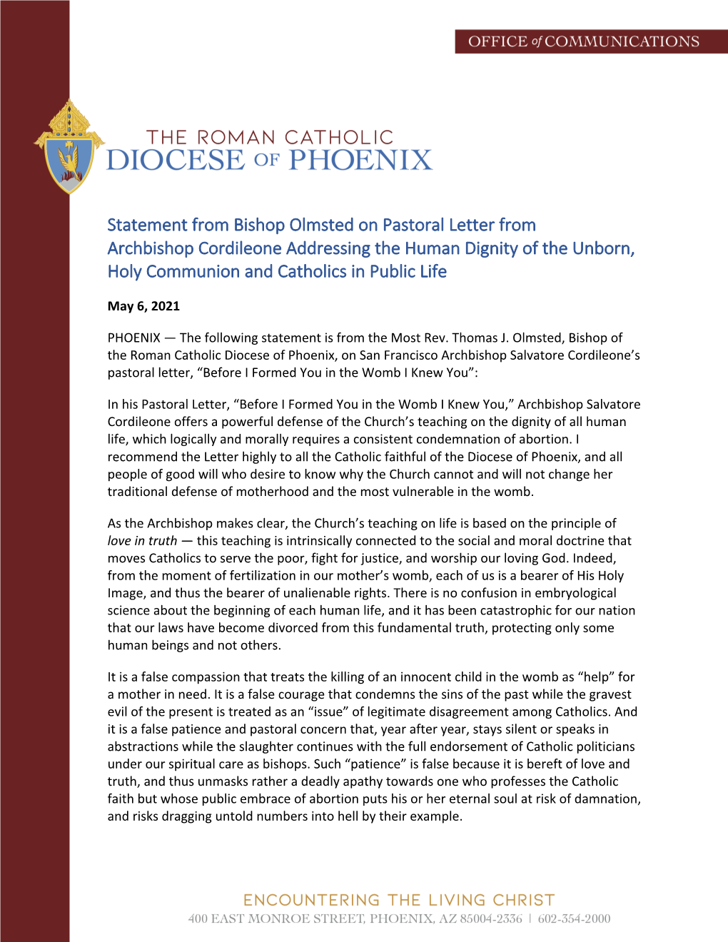 Statement from Bishop Olmsted on Pastoral Letter from Archbishop Cordileone Addressing the Human Dignity of the Unborn, Holy Communion and Catholics in Public Life