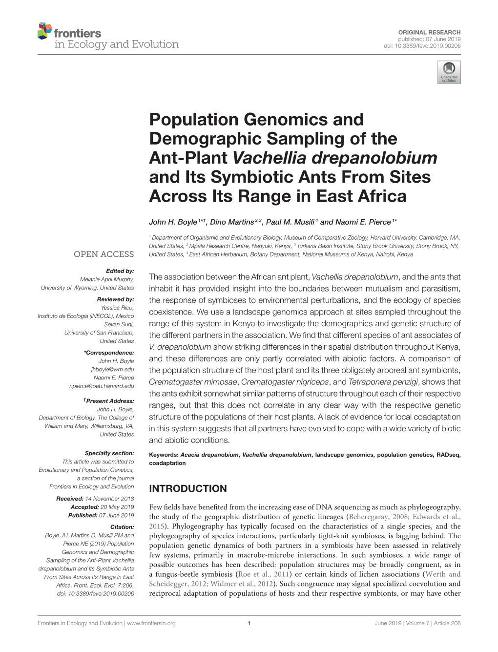 Population Genomics and Demographic Sampling of the Ant-Plant Vachellia Drepanolobium and Its Symbiotic Ants from Sites Across Its Range in East Africa