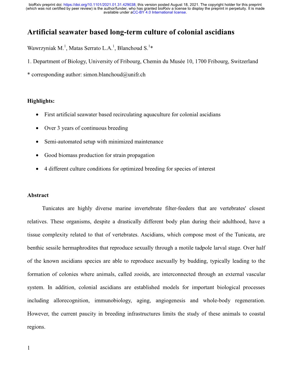 Artificial Seawater Based Long-Term Culture of Colonial Ascidians